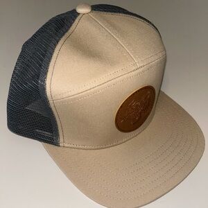 ONNIT‎ unisex trucker hat tan with “leather” patch logo grey mesh, snap back hat